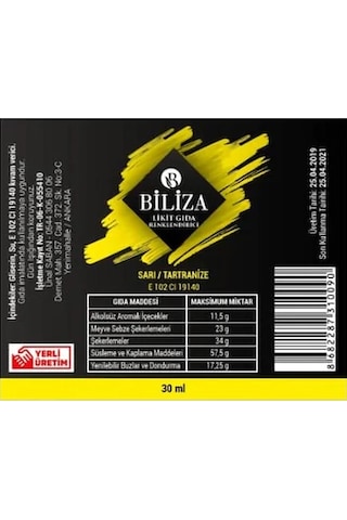 Biliza Sıvı Gıda Boyası Sarı 30 ML