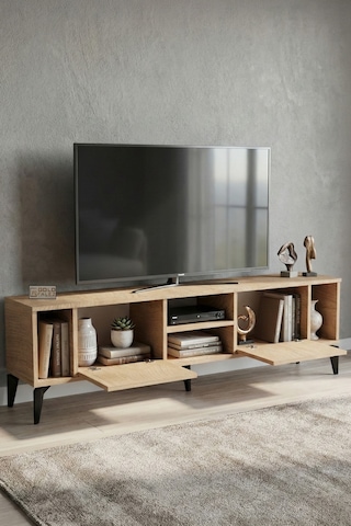 Tv Sehpası 160 Cm Modern Çok Amaçlı Dolaplı Raflı Televizyon Ünitesi Linya Sepet Rengi