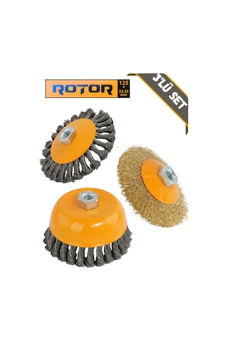 Rotor 3'lü Tel Fırça Seti 125 Mm M14 Konik, Düğümlü Konik Ve Çanak