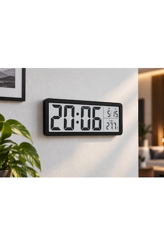 Kenly Dijital Masa Duvar Saati 20x8 Cm Büyük Lcd Ekran Tarih Sıcaklık Göstergeli Siyah