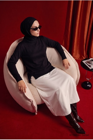 Armine Trend Geometrik Desenli Bisiklet Yaka Uzun Kollu Yan Yırtmaçlı Tunik Siyah 26ktd415