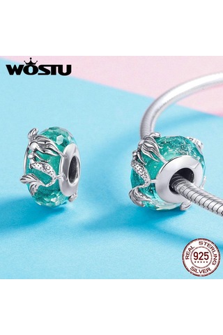 Wostu 925 Ayar Gümüş Denizkızı Murano Cam Boncuk Yeşil Kristal Fit Orijinal Bileklik Gümüş