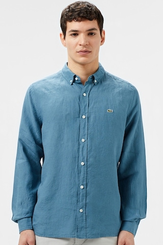 Lacoste Men's Regular Fit Button-down Collar Linen Shirt Blue Erkek Düğmeli Yaka Keten Gömlek Mavi Mavi