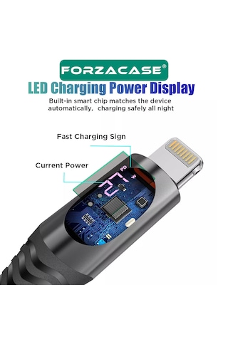 Forzacase FC897 Type-C To Lightning Örgülü Led Ekran 27 W PD Hızlı Şarj Kablosu 1 M