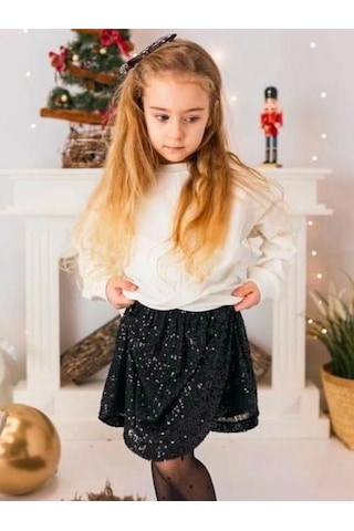 Çikoby Kız Çocuk Crop Bluz Pul Payetli Etekli Takım-14891 Ekru