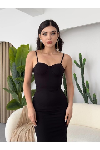 Simala Dominic Eteği Büzgülü Midi Boy Elbise Siyah