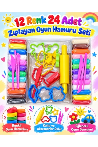 Oyuncak 12 Renk 24 Adet Zıplayan Havayla Kuruyan Yumuşak Kil Hamuru Kalıp Aksesuar Oyun Hamur Seti 38 Parça Çok Renkli