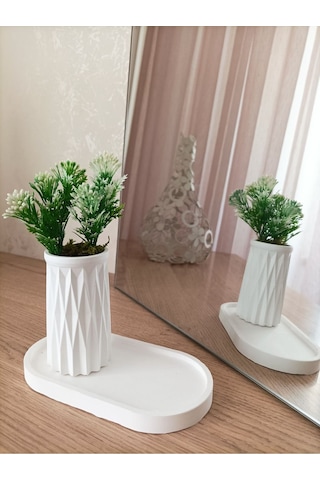 Mini Desenli Beton Saksı Tekli Ve Oval Tabak - Yapay Çiçek Hediyeli - Beyaz Tomurcuk
