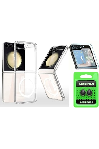 Vendas Galaxy Uyumlu Z Flip 7 Kılıf M-safe Şarj Özellikli Şeffaf Sert Pc Zore Embos Kapak + Kamera Lens + Nano Ekran Koruyucu Şeffaf