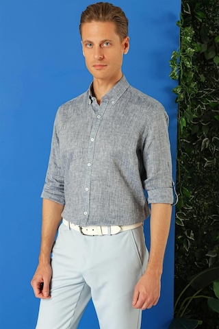 Efor Comfort Fit Düğmeli Yaka %100 Keten Apoletli Casual Lacivert Gömlek G 1564 Lacivert