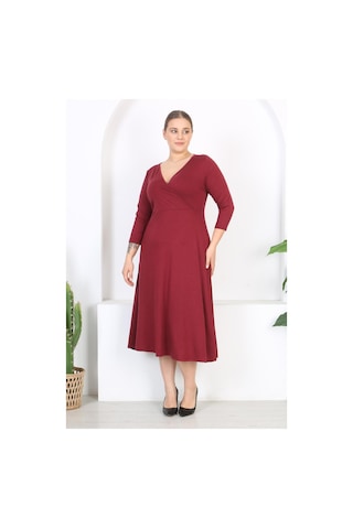 Mooi Xxl Kadın Bordo Uzun Kol Kruvaze Yaka Büyük Beden Maxi Elbise Bordo