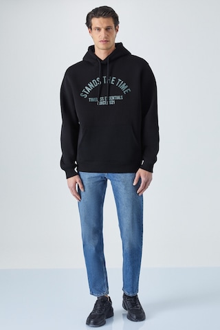 Grimelange Wulf Erkek Organik Kumaşlı İçi Polarlı Yumuşacık Kanguru Cepli Kapüşonlu Siyah Sweatshirt Siyah