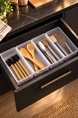 Porsima 0383 4'lü Modüler Çekmece İçi Organizer Seti 30x15 Cm Şeffaf Mutfak, Kaşıklık, Kozmetik Ve Ofis Düzenleyici
