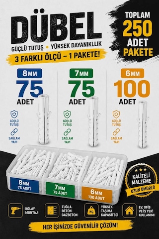 250adet Dubel Seti 6mm 7mm 8mm 250adet Dubel Seti 6mm 7mm 8mm