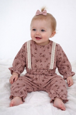 Babyhola Dantel Detaylı Çiçek Desenli Müslin Bayramlık Kız Bebek Takım Üst Ve Pantolon İkili Set 2009 Bordo