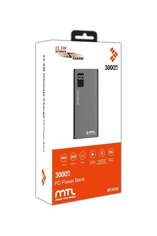 30000 Mah 22.5w Turbo Şarj Dahili Kablolu Led Göstergeli Pd Ve Qc 3.0 Powerbank Mt4530 Siyah İle Uyumlu