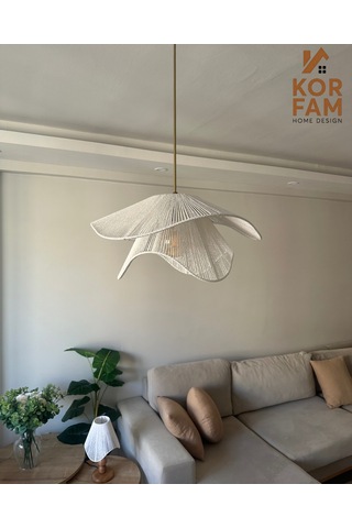 Breeze Modeli - Hasır El Yapımı Bohem Asimetrik Şekilli Rustik Avize - Beyaz Beyaz