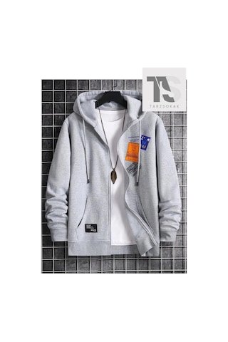Tarzsokak Yazı Tasarımlı Sweatshirt Fermuarlı Hırka Unisex Gri