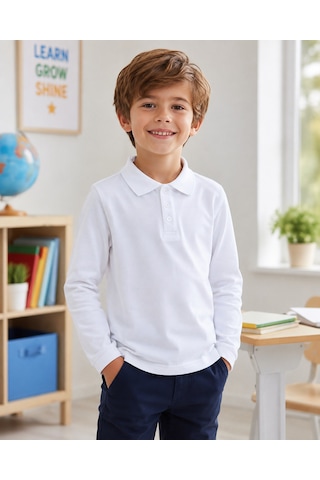 Ta&ce Kıds Tace Kıds Unisex Çocuk Polo Yaka Tişört Beyaz Uzun Kollu Okul Ve Günlük Kullanım