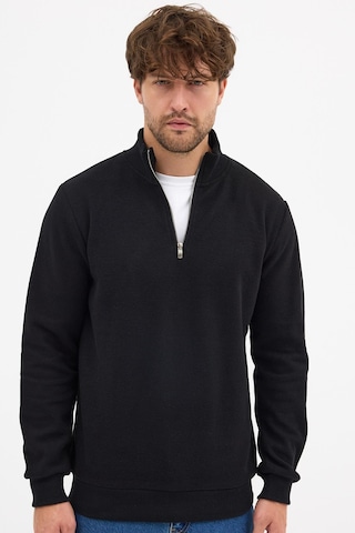 Mmetalic Erkek Siyah Standart Fit Normal Kesim Pamuklu Yarım Fermuarlı Dik Yaka Pamuklu Sweatshirt Siyah