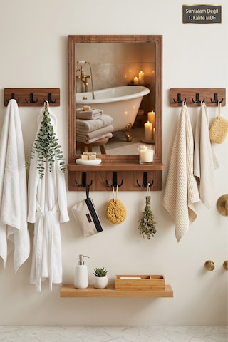 Antik Ahşap Dekoratif 3 Parça Banyo Lavabo Mutfak Aynası Raflı Aynalı Askılık Set Portmanto Oda Duvar Antre Hol Raflı Askılı Ayna Srn-21x Atlantik Çam