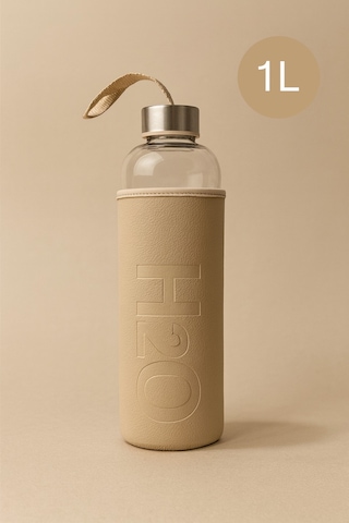 1000 Ml H2o Deri Kılıflı Cam Matara Krem