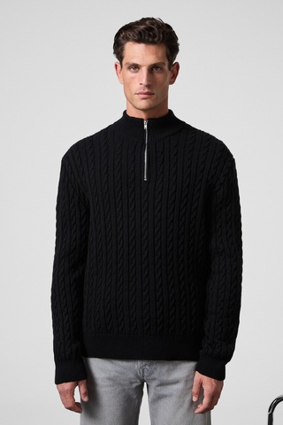 IVAR Erkek Yarım Fermuarlı Dik Yakalı Saç Örgü Desenli Triko Siyah Kazak