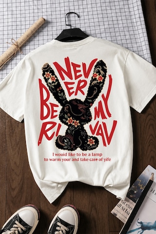Spoyi Vintage Bunny Tasarımlı %100 Pamuk Yarım Oversize Beyaz T-lhirt