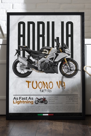 Aprilia Tuono V4 Factory Siyah Ahşap Çerçeveli Poster, Dekoratif Motosiklet Duvar Tablosu Çok Renkli