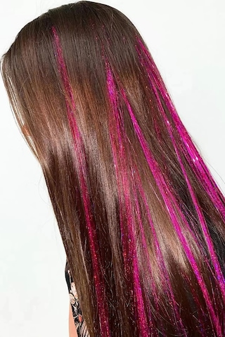 Caş Dekorasyon Koyu Pembe Renk Simli Yan Postiş Hair Tinsel Shiny Hair-50 Cm- 2 Adet Koyu Pembe