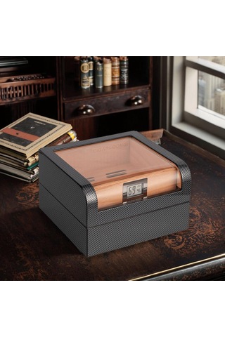 Cigarloong Camlı Puro Kutusu Humidor Karbon Desen 60's