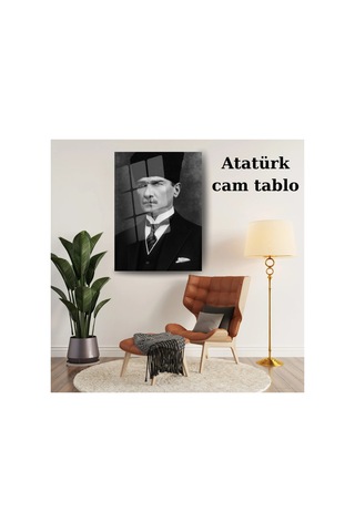 Gazi Mustafa Kemal Atatürk Resmi Portre Siyah Beyaz Dekoratif Cam Tablo