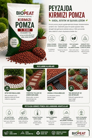 5 Litre Kırmızı Pomza 5-15 Mm Volkanik Taş Saksı, Peyzaj Ve Bitki Kökleri İçin Doğal Drenaj Malzemesi 1000