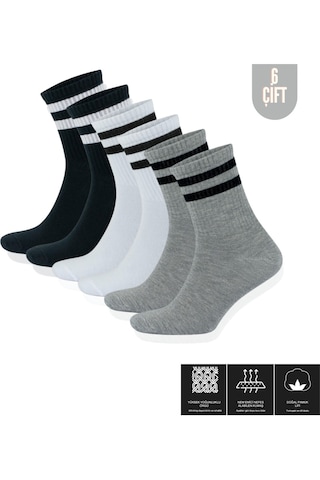 Filorasocks Filora Socks Lüx Erkek Kadın 6 Çift Çizgili Kolej Tenis Çorabı Pamuklu Terletmez Çorap Beyaz - Siyah - Gri