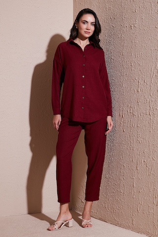 Lela Keten Karışımlı Regular Fit Lastikli Bel Uzun Kollu Alt Üst Bayan Takım 6696622 Bordo