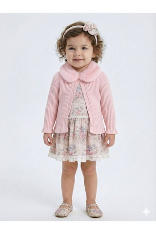 Xo Kids Kız Çocuk Çiöekli Elbise + Kürk Yakalı Bolero 1-5 Yaş 4741 Pembe