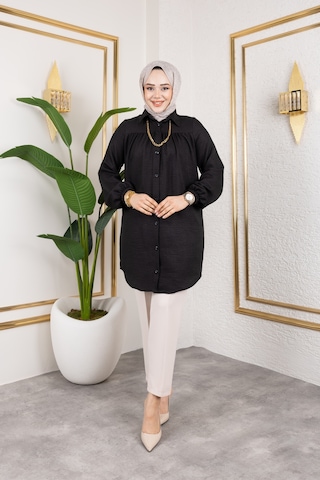 Önü Büzgülü Bilek Lastikli Tunik - Siyah / Ü104 Siyah
