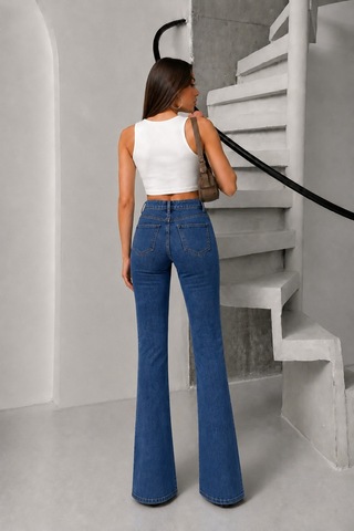 Bluemarlin Mavi Likralı Esnek Paça Yırtmaçlı İspanyol/flare Denim Pantolon Mavi