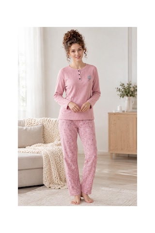 Boyraz Lindros Kadın Düğme Yaka Raporlu İnterlok Kışlık Pijama Takımı 02739 - 1 Adet Pudra