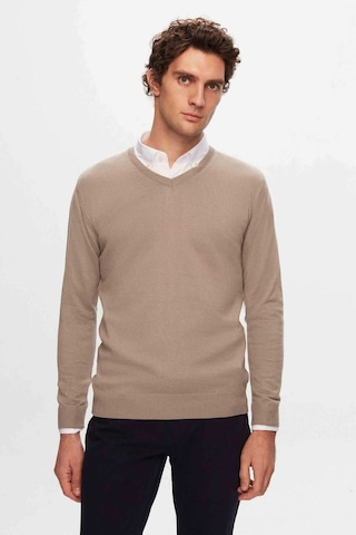 D's Damat Ds Damat Regular Fit Bej Düz V Yaka Triko Kazak 5HF06ORT12003 Bej