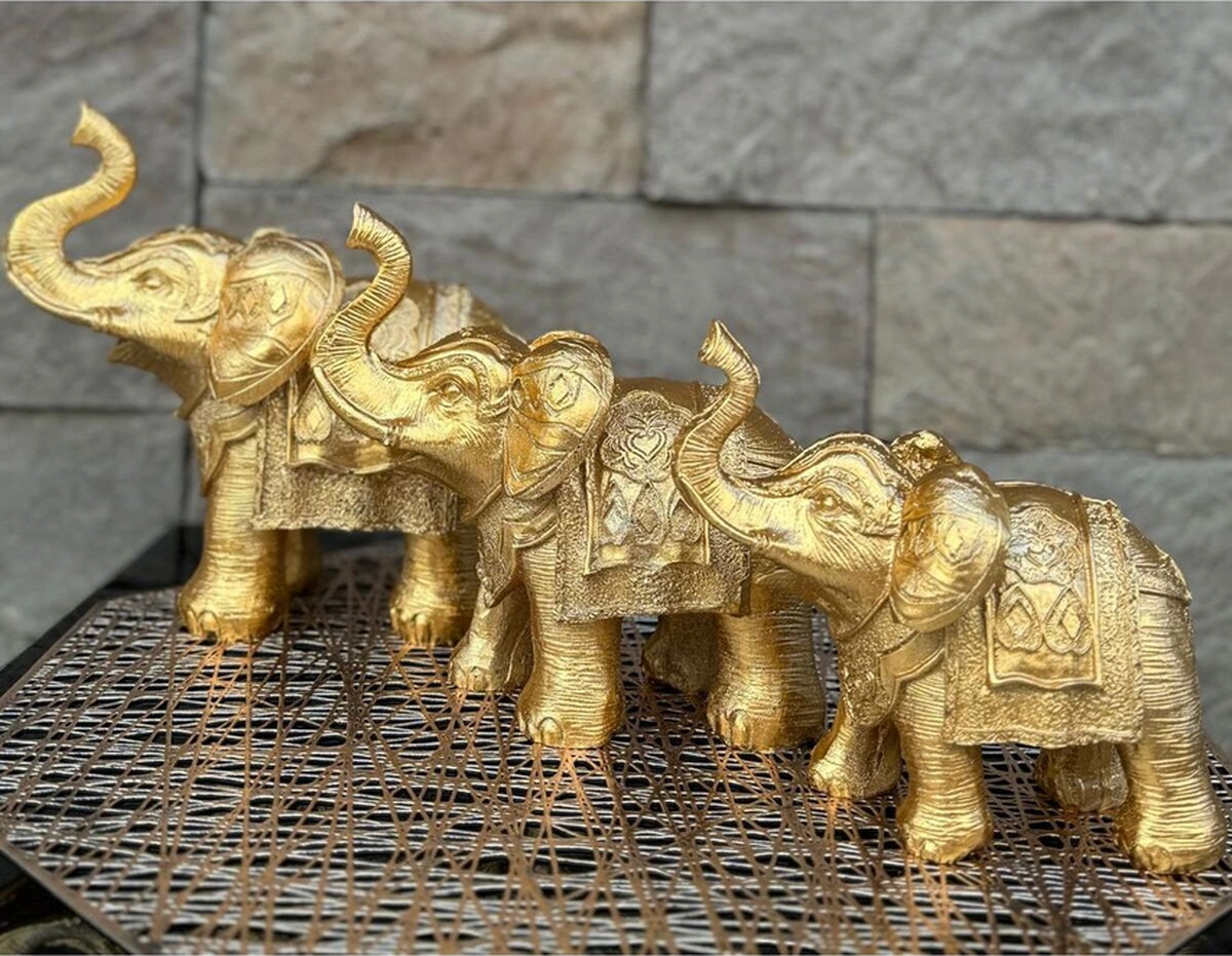 Dekoratif Polyester Üçlü Fil Biblo Gold