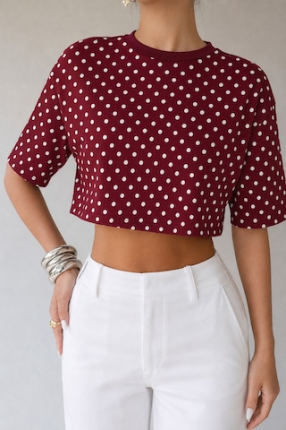 Wild Flower Kadın Puantiye Desenli Crop Tişört Basic Oversize Yazlık Bluz Bordo
