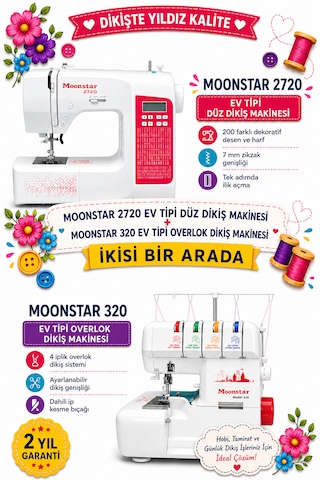 Moonstar 2720 Ev Tipi Düz Dikiş Makinesi + 320 Ev Tipi Overlok Dikiş Makinesi Beyaz Moonstar 2720 Ev Tipi Düz Dikiş Makinesi + 320 Ev Tipi Overlok Dikiş Makinesi Beyaz