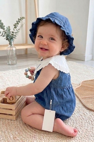 Cantoy Nakışlı Bebe Yaka Kot Bebek Tulumu Ve Şapka Takımı Koyu Mavi
