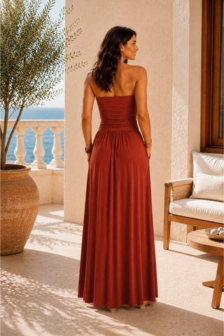 Mixxtrend Kadın Straplez Cepli Maxi Boy Viskon Elbise Bordo