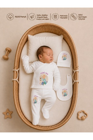 Pia Baby Kız Bebek 5'li Zıbın Seti %100 Pamuk İsimli Kişiye Özel Organik Baskılı 2079z0x Krem