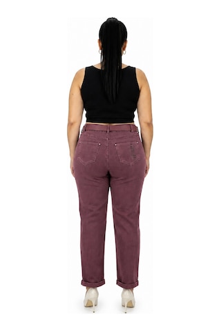 Büyük Beden Yüksek Bel Kemerli Taş Detaylı Mom Kesim Denim Kadın Pantolon Bordo