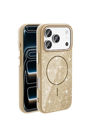 Zore Apple iPhone Uyumlu 17 Pro Max Kılıf M-safe Şarj Özellikli Parlayan Simli Omsy Okso Kapak - Siyah