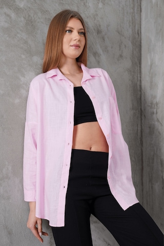 Paw Garage Kadın London Keten Tek Cepli Oversize Gömlek, Premium Kalite Keten Gömlek Pembe