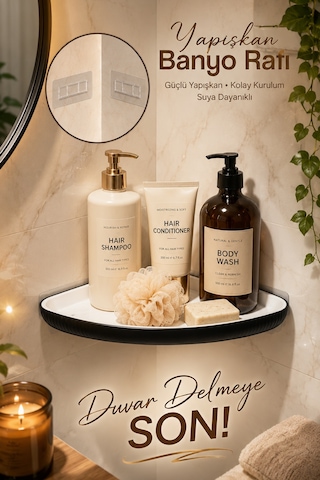 Porsima 0447 İstiridye Yapışkanlı Banyo Köşe Rafı Organizer Siyah